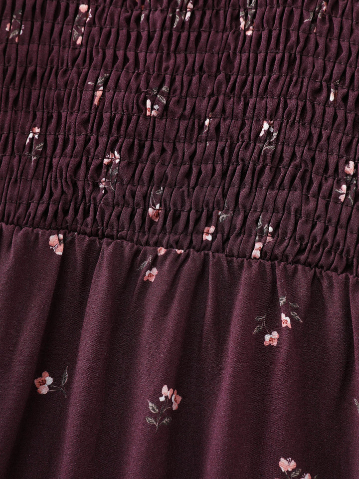 Micro Floral Shirred Bodice Midi Dress