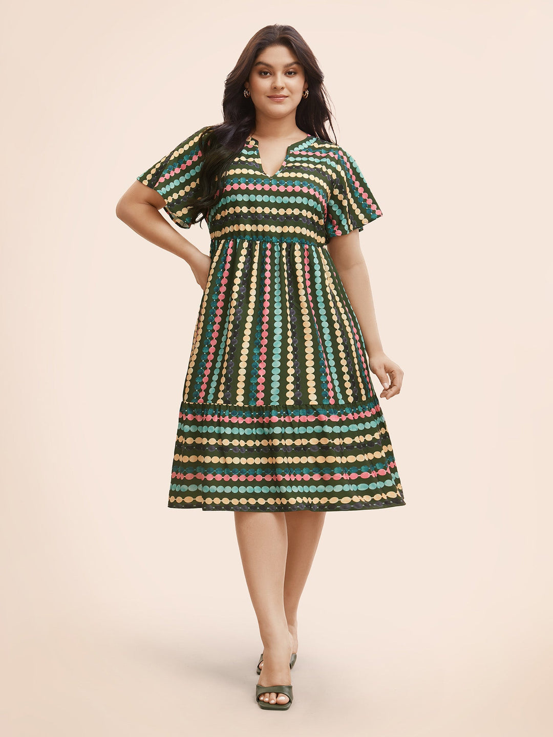 Dot Print Elastic Waist Split Neck Mini Dress
