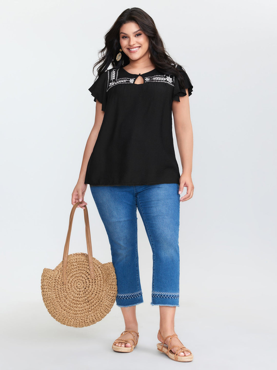 Embroidered Neckline Flutter Sleeve Blouse