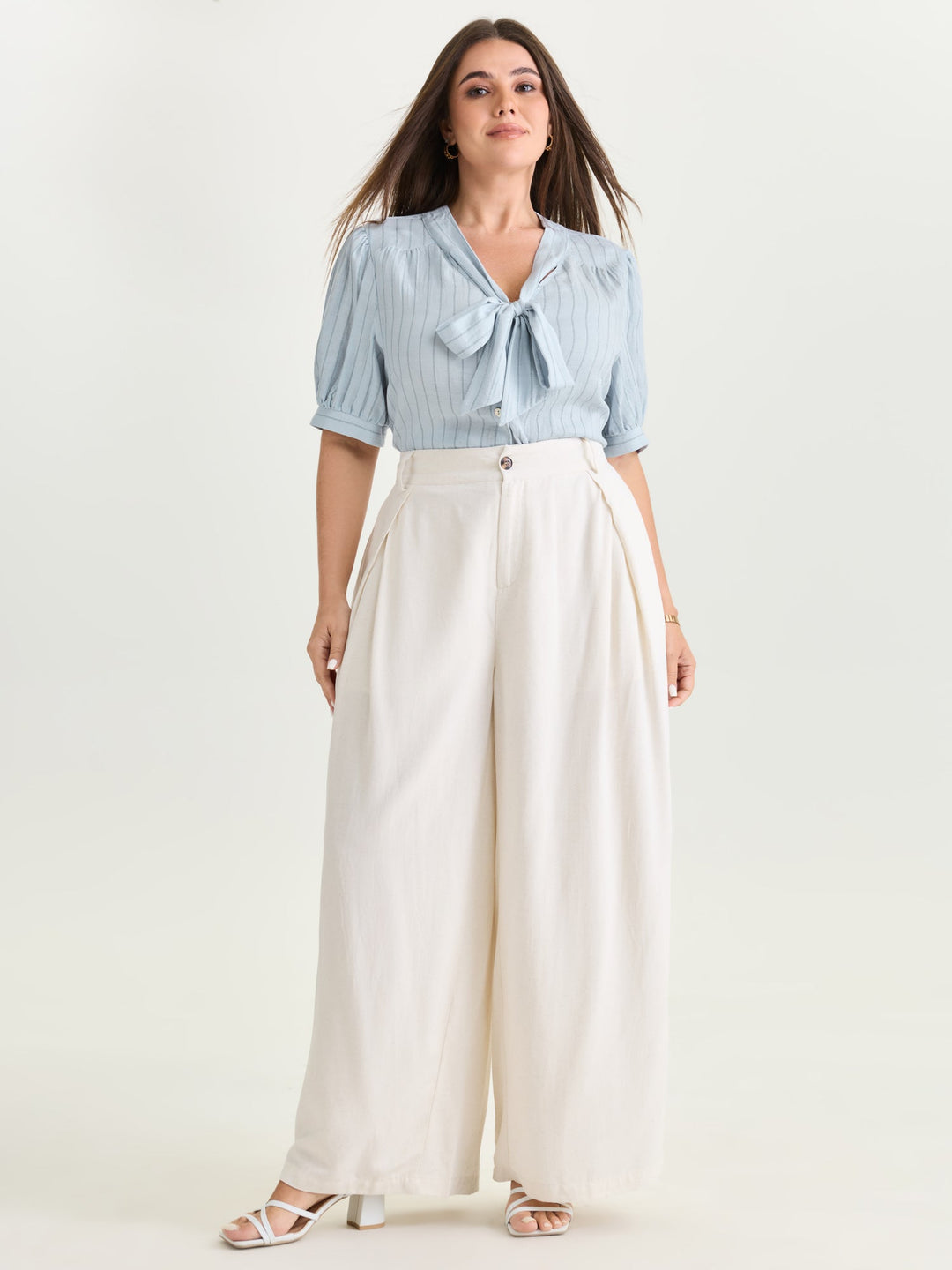 Cotton Bowknot Neckline Button-Down Blouse
