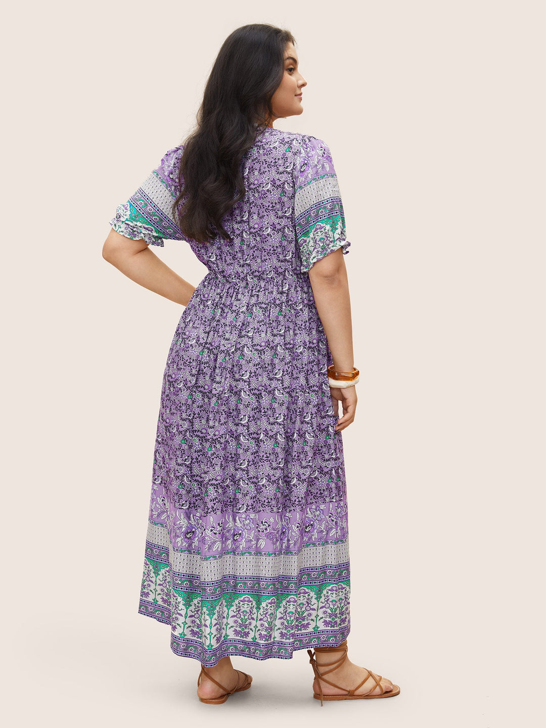 Boho Print Notched Ties Tassel Trim Dress