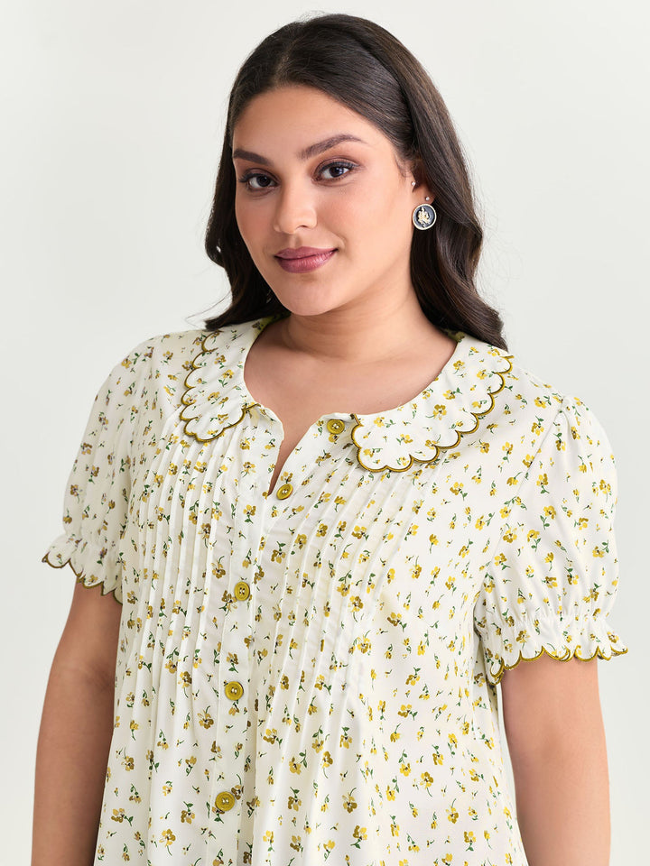 Floral Embroidery Pleated Button-Front Blouse