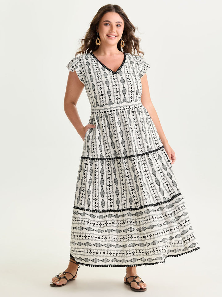 Geometric Print Lace Trim Tiered Maxi Dress