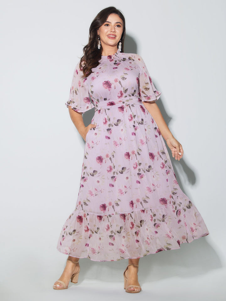 Floral Print Pockets Shirred Mock Neck Maxi Dress