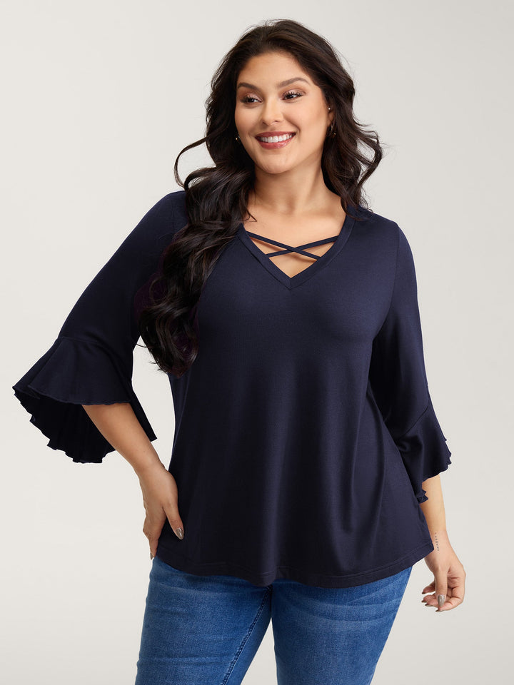 Supersoft Drawstring Neckline Ruffled Sleeve Knit Top