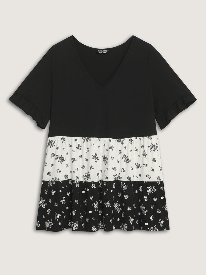 Color Contrast Floral Print Tiered Top