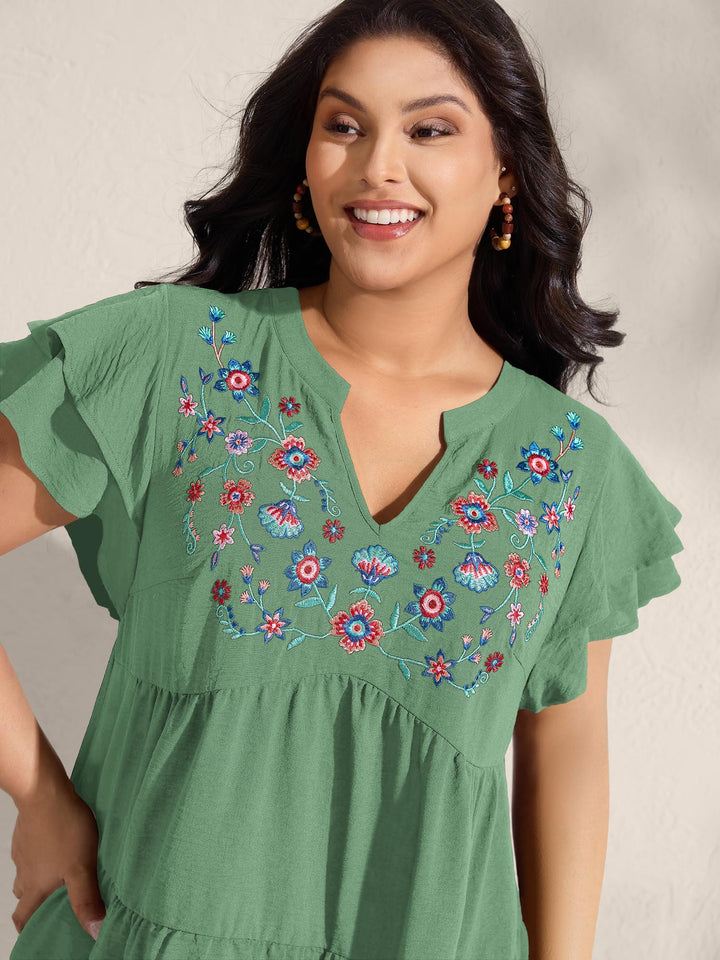Embroidered Neckline A-Line Ruffled Knee-Length Dress