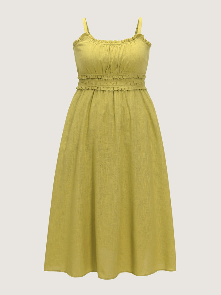 Cotton Linen Ruffle Trim Shirred Waist Cami Maxi Dress