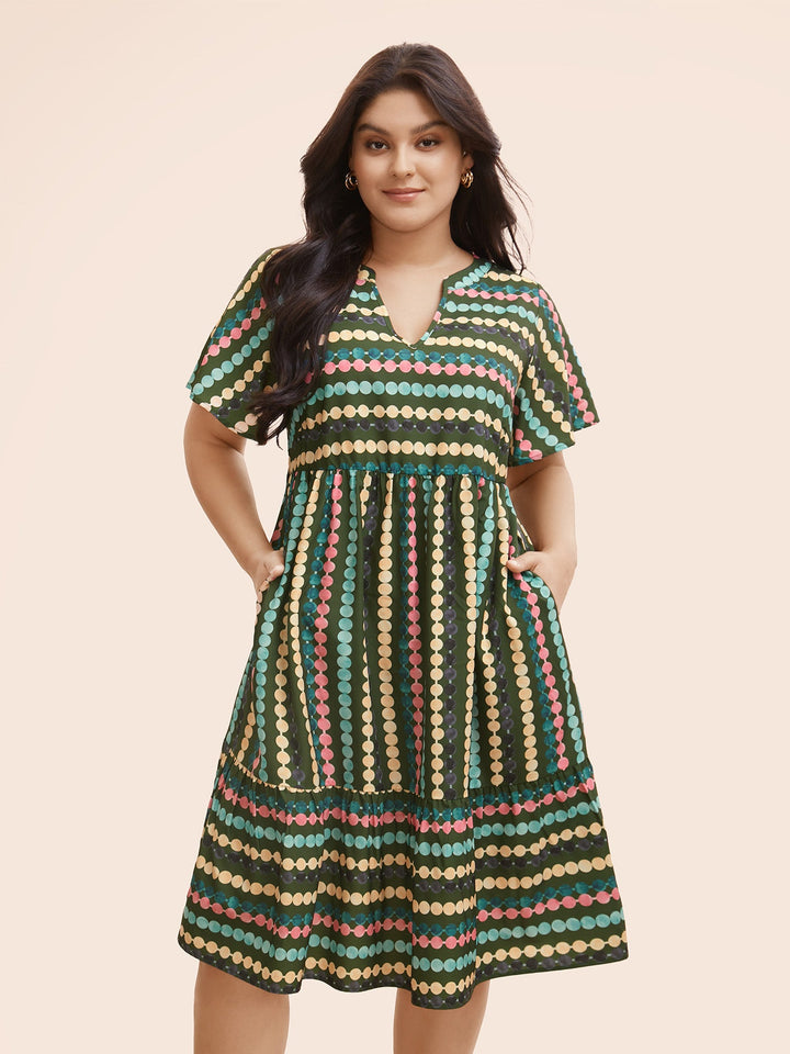 Dot Print Elastic Waist Split Neck Mini Dress