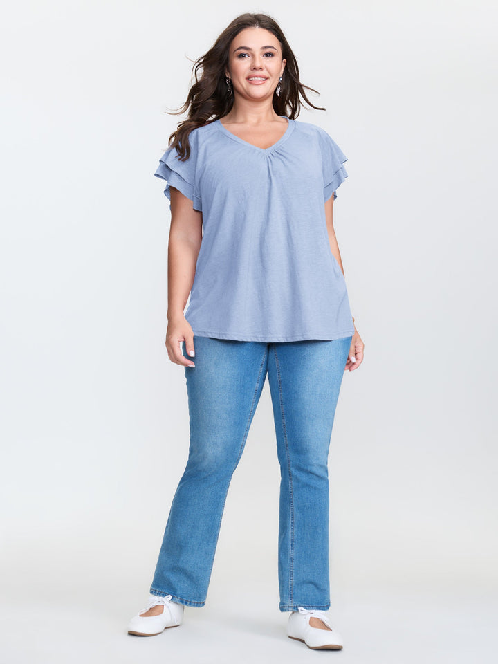 Stretchy Textured Flared Sleeve T-Shirt