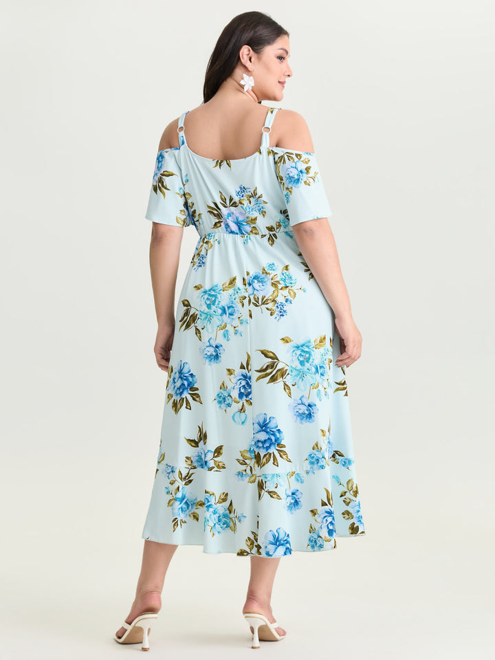 Floral Print Ruffled Cold-Shoulder Midi Dress