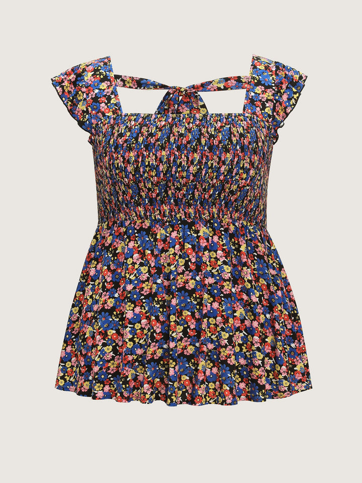Floral Print Shirred Wide Straps Blouse