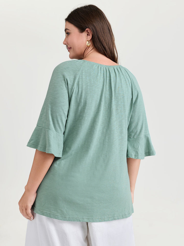 Ruffled Sleeve Shirred Neckline Plain Top