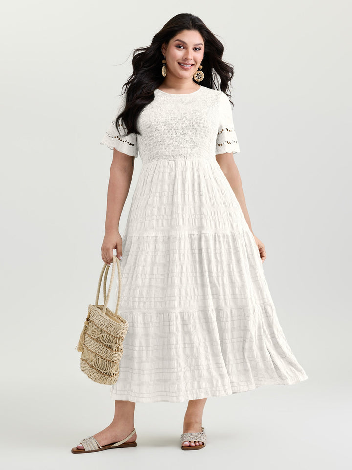 Shirred Lace Flounce Sleeve Tiered Maxi Dress
