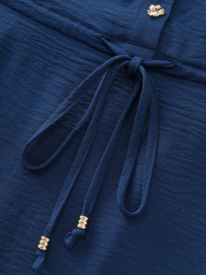 Collar Button Detail Waist Drawstring Mini Dress