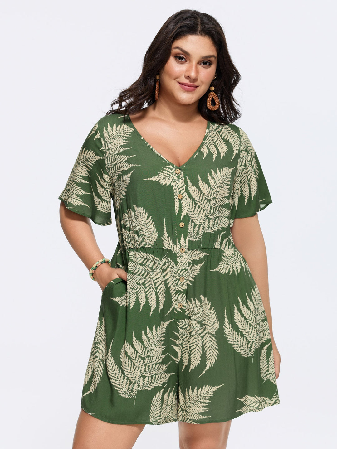 Tropical Leaf Print Pockets Button Romper