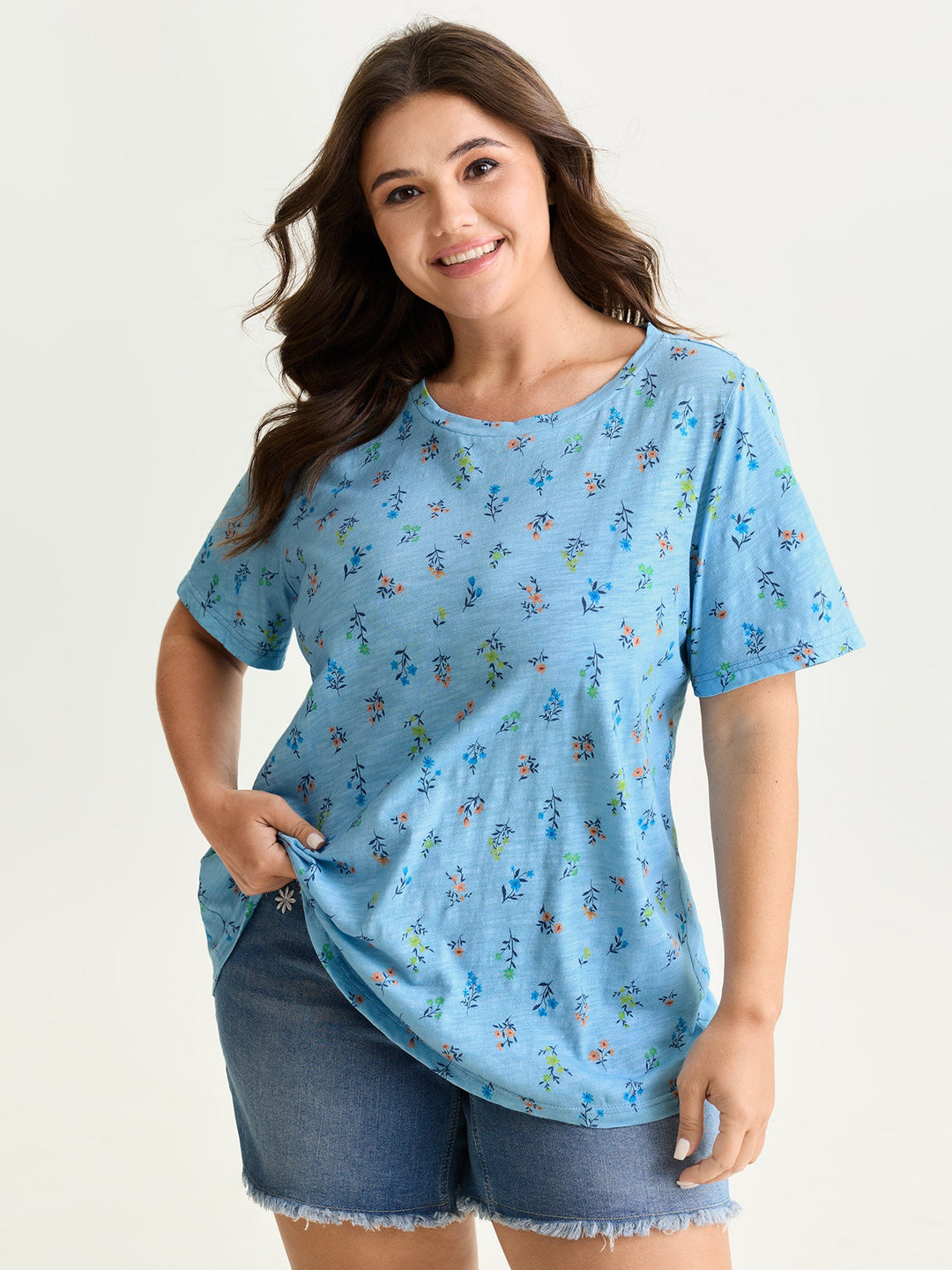 Cotton Stretchy Floral Print Long T-Shirt