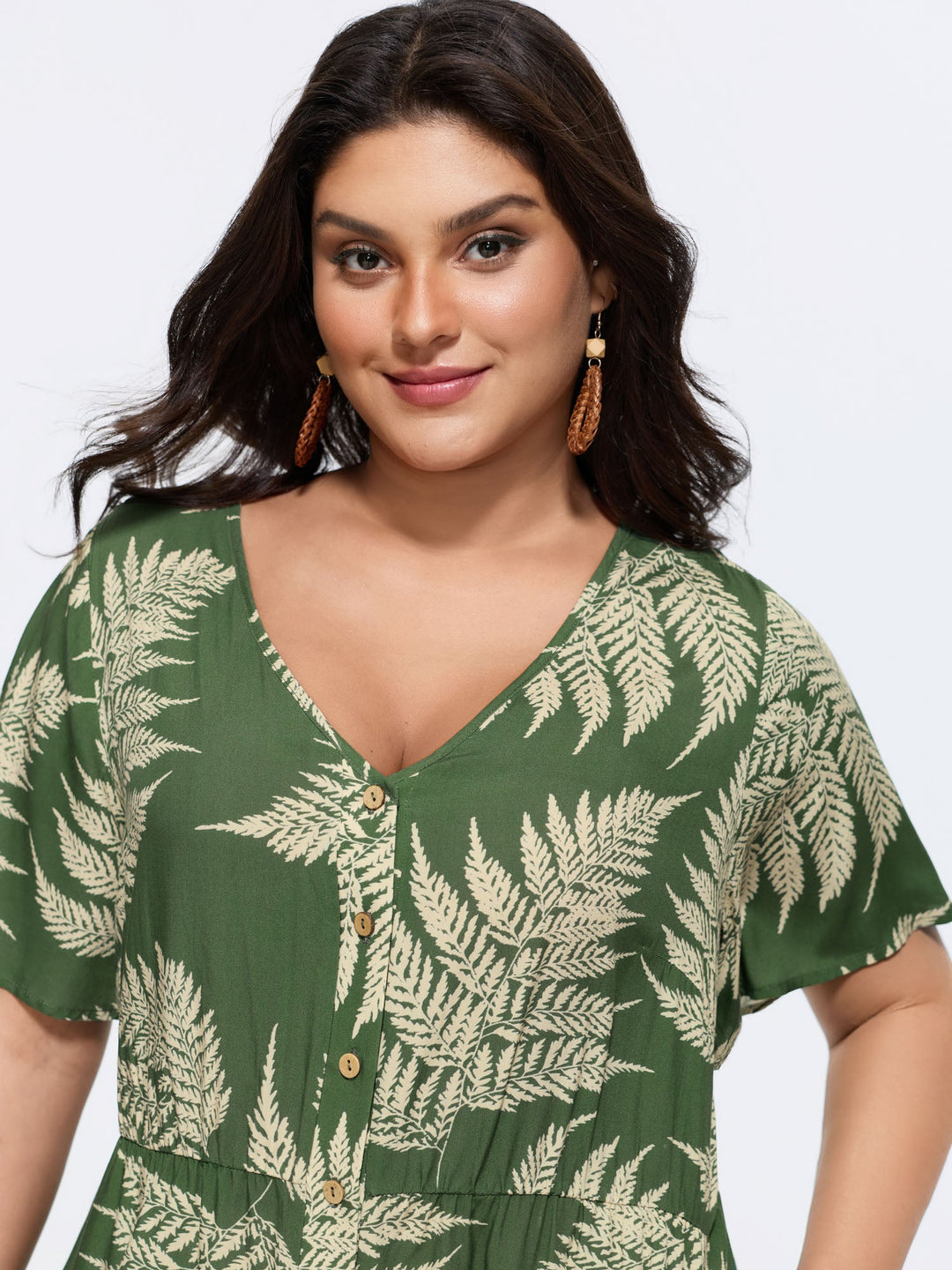 Tropical Leaf Print Pockets Button Romper
