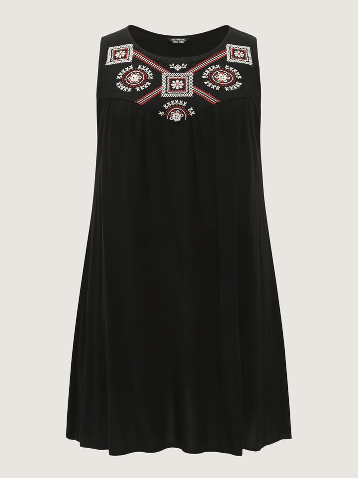 Boho Embroidered Neckline Sleeveless Mini Dress