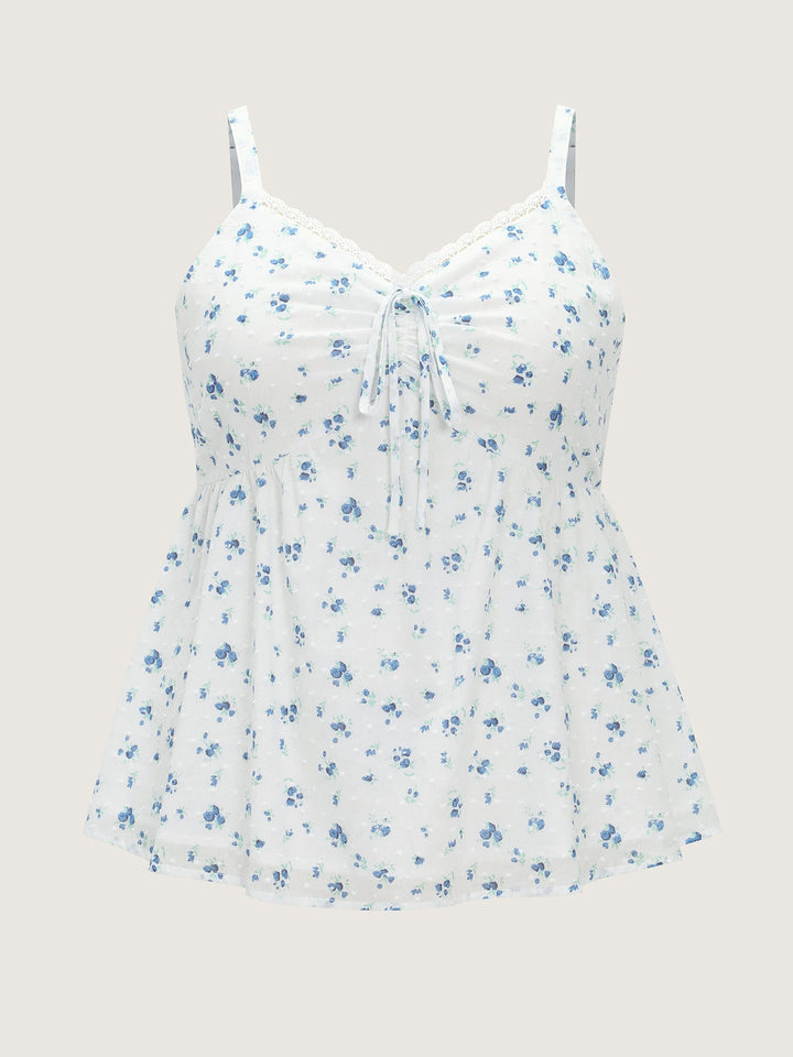 Cotton Floral Print Ruched Drawstring Neckline Tank Top