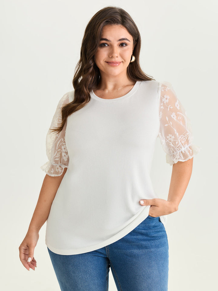 Sheer Puffy Sleeve Round Neck T-Shirt