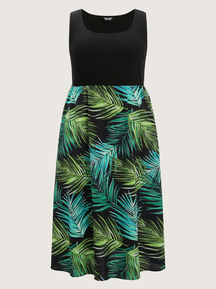 Tropical Palm Print A-Line Midi Dress